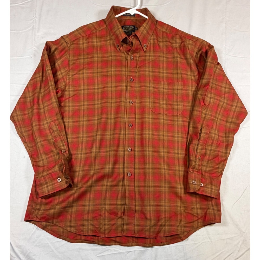 Sir Pendleton Wool Plaid Button Down Shirt XL Red Brown Long Sleeve Mens